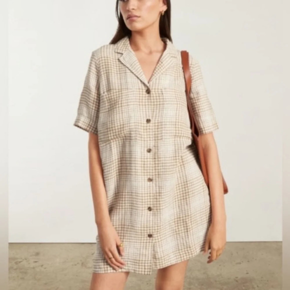 Everlane 100% Linen Dress Plaid Cream Tan Mini Short Sleeve XS Shirtdress Pocket - Picture 2 of 9